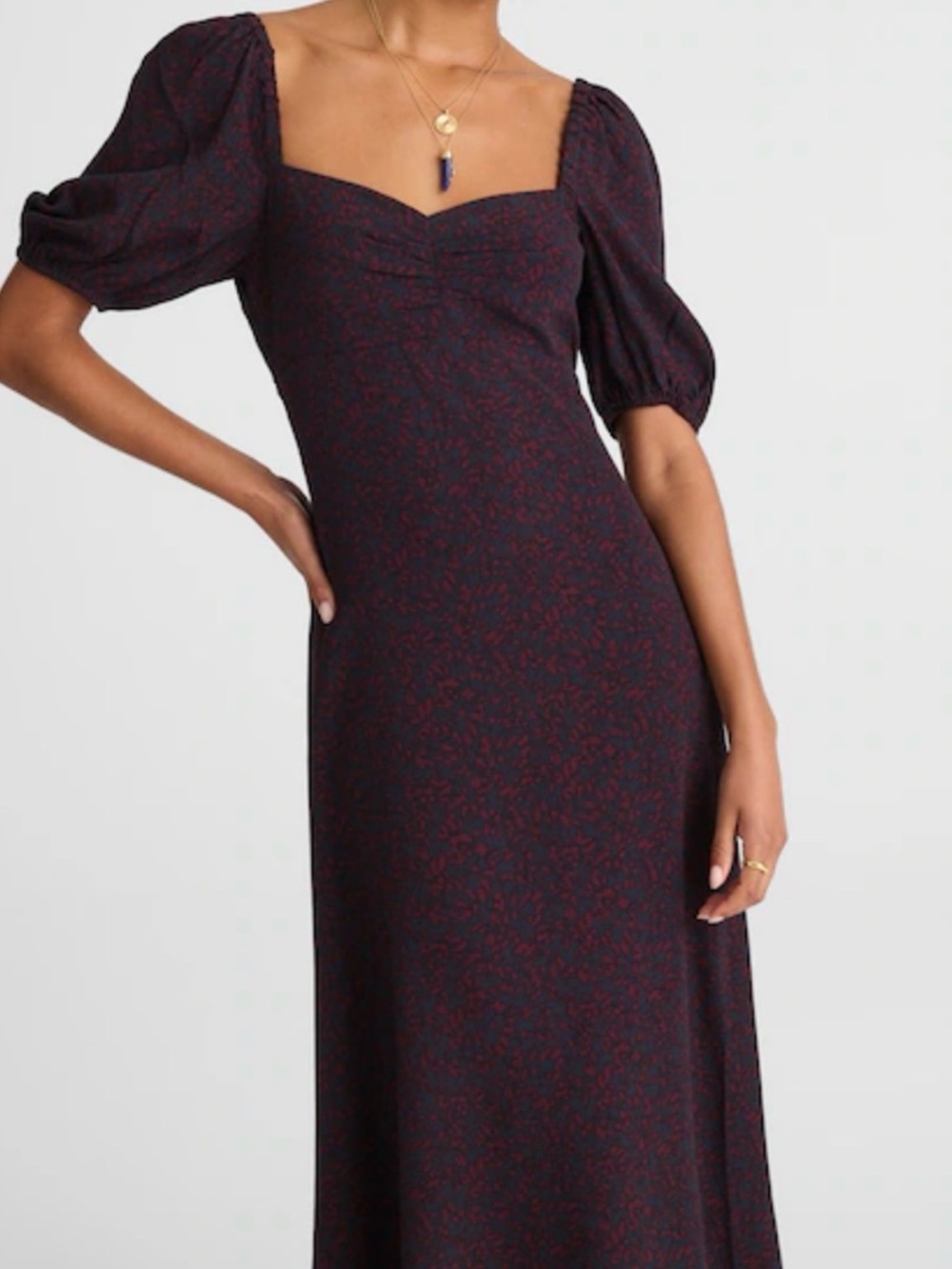 Madewell Puff-Sleeve Sweetheart Midi Dress (Burgundy with Navy Leaf Print)